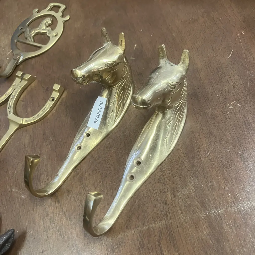Lot of Seven Equestrian Brass / Cast Wall Hooks / Hangers Image 1++