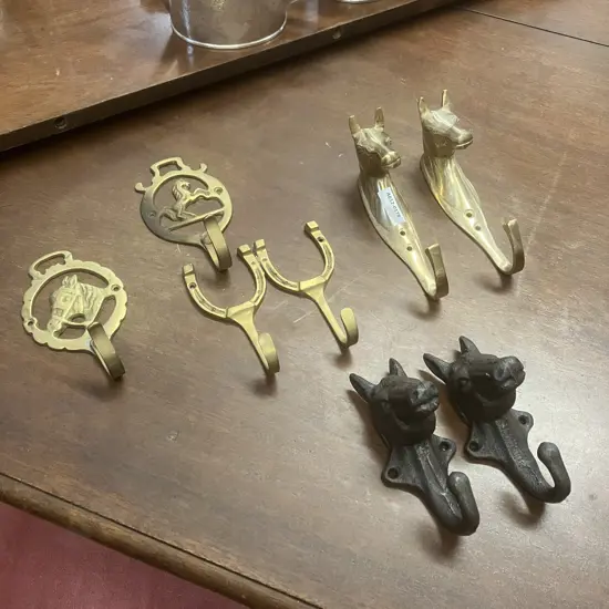 Lot of Seven Equestrian Brass / Cast Wall Hooks / Hangers