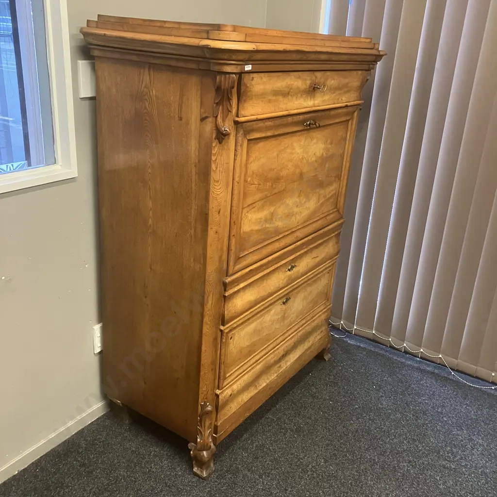 Antique Oak ? Secretaire Abattant Writing Bureau With Keys, 10 Drawers, Pull-out Writing Rest With Felt Inlay. Image 1++