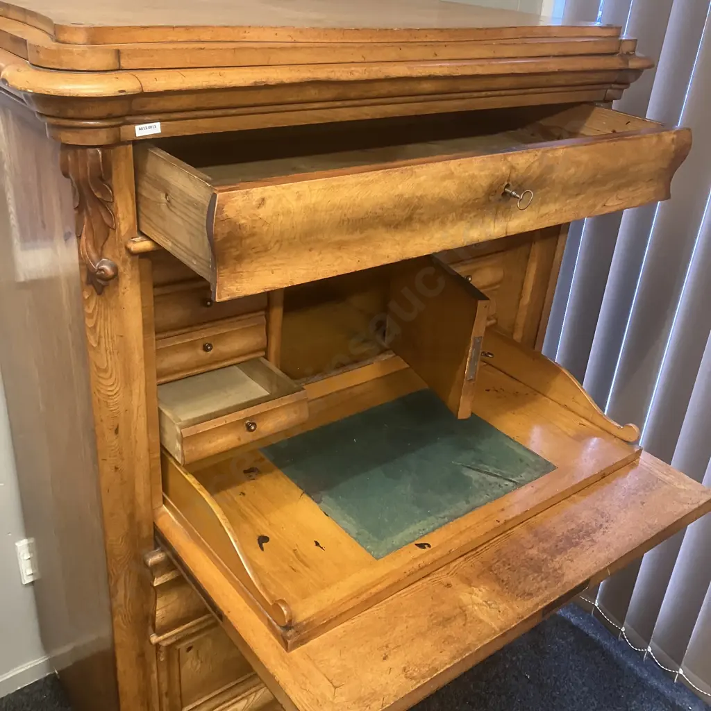 Antique Oak ? Secretaire Abattant Writing Bureau With Keys, 10 Drawers, Pull-out Writing Rest With Felt Inlay. Image 1++