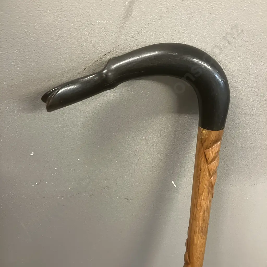 Vintage Walking Stick With Carved Shaft & Duck Shaped Handle. H93cm Image 1++