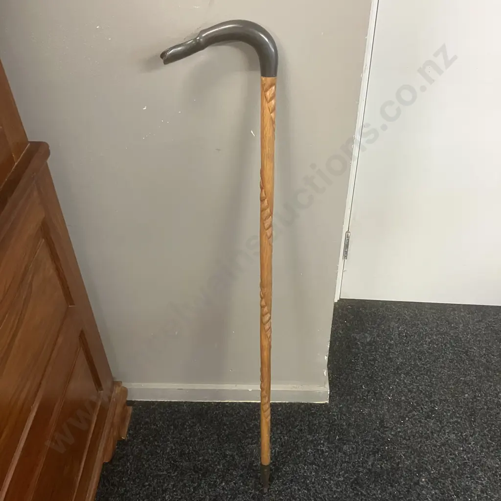 Vintage Walking Stick With Carved Shaft & Duck Shaped Handle. H93cm Image 1++