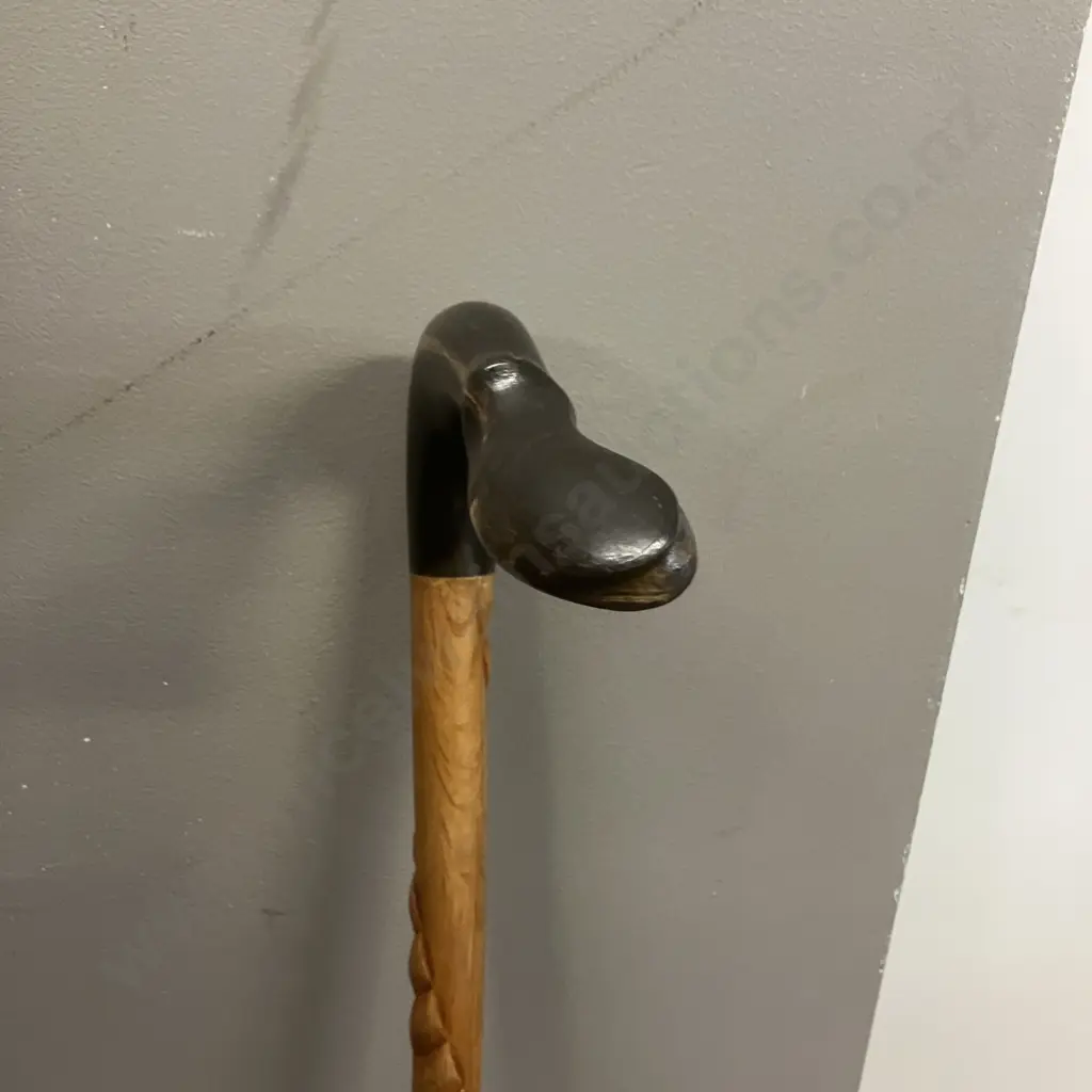 Vintage Walking Stick With Carved Shaft & Duck Shaped Handle. H93cm Image 1++