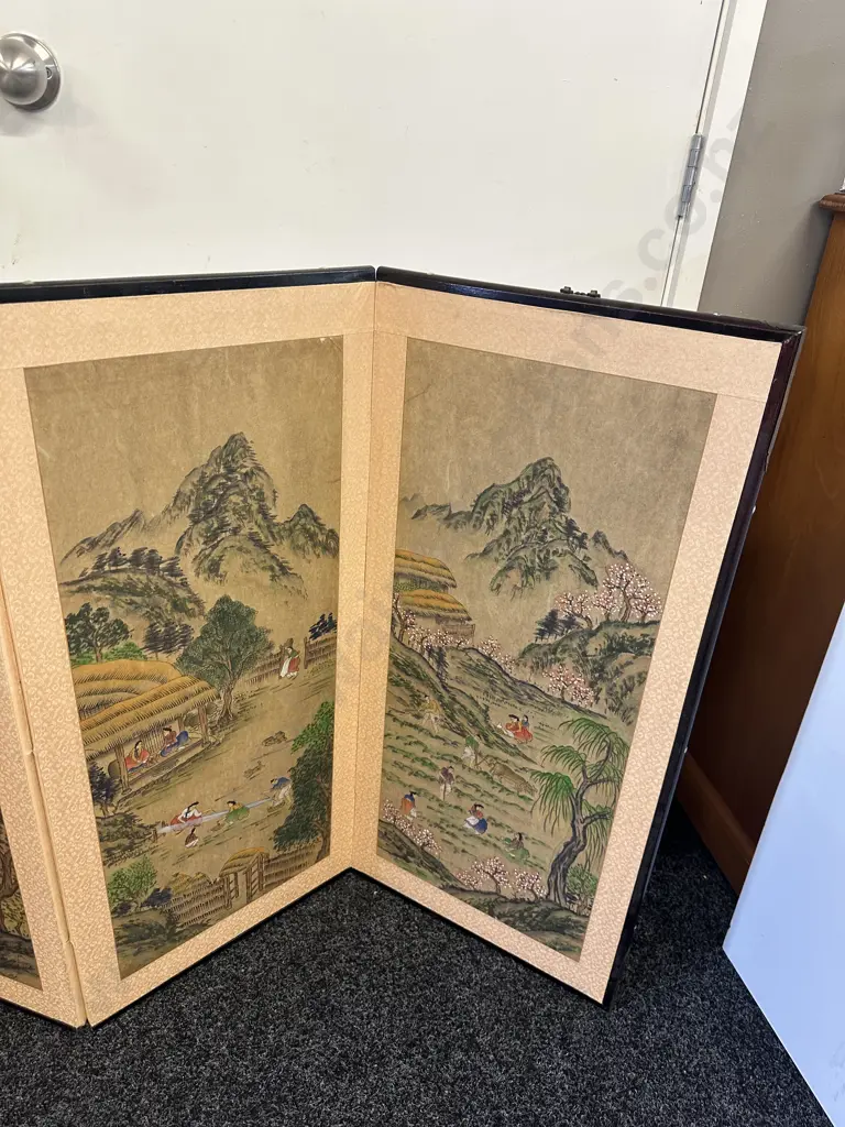 Multi Panel Folding Screen/Wall Hanging With Japanese Art Rural Landscape Scenes H91,W67cm. Image 1++