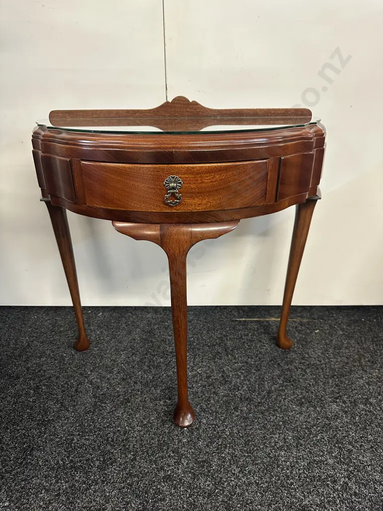 Mahogany Half Round Hall Table Cabriole Legs Single Drawer H72,W70,D38cm. Image 1++