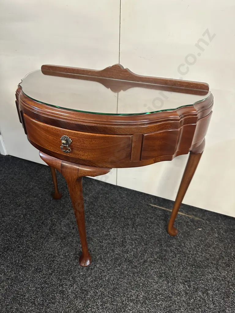 Mahogany Half Round Hall Table Cabriole Legs Single Drawer H72,W70,D38cm. Image 1++