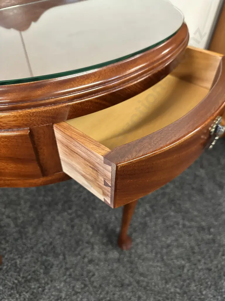 Mahogany Half Round Hall Table Cabriole Legs Single Drawer H72,W70,D38cm. Image 1++