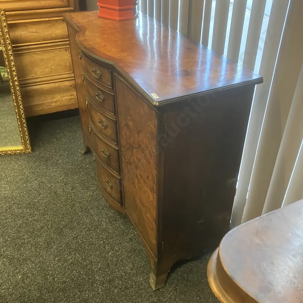 Antique Oak & Walnut Burr Bow Front Sideboard With Keys, 5 Drawers, 2 Doors. H85 W107 D41cm Image 1++