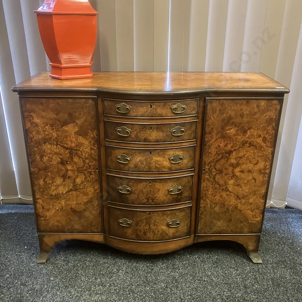 Antique Oak & Walnut Burr Bow Front Sideboard With Keys, 5 Drawers, 2 Doors. H85 W107 D41cm Image 1++