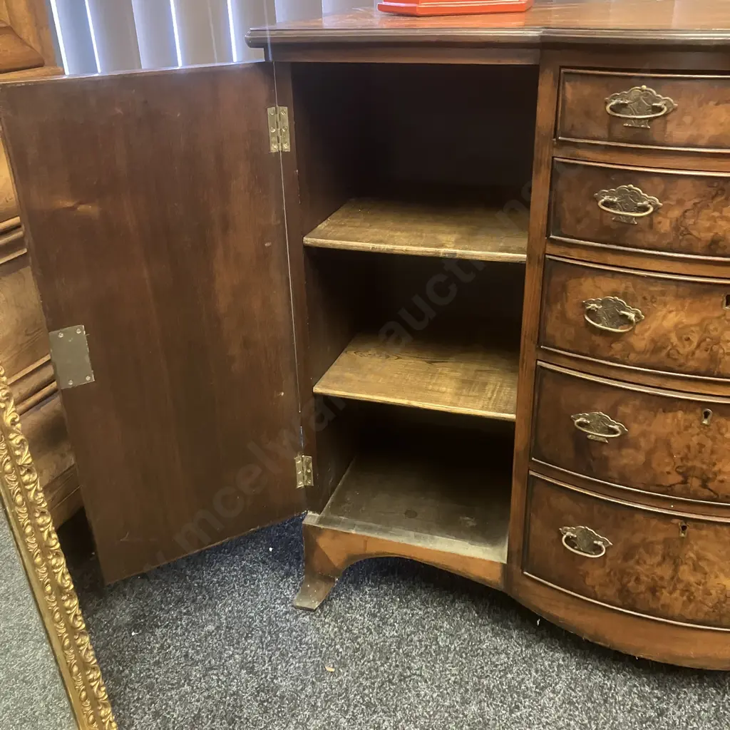 Antique Oak & Walnut Burr Bow Front Sideboard With Keys, 5 Drawers, 2 Doors. H85 W107 D41cm Image 1++