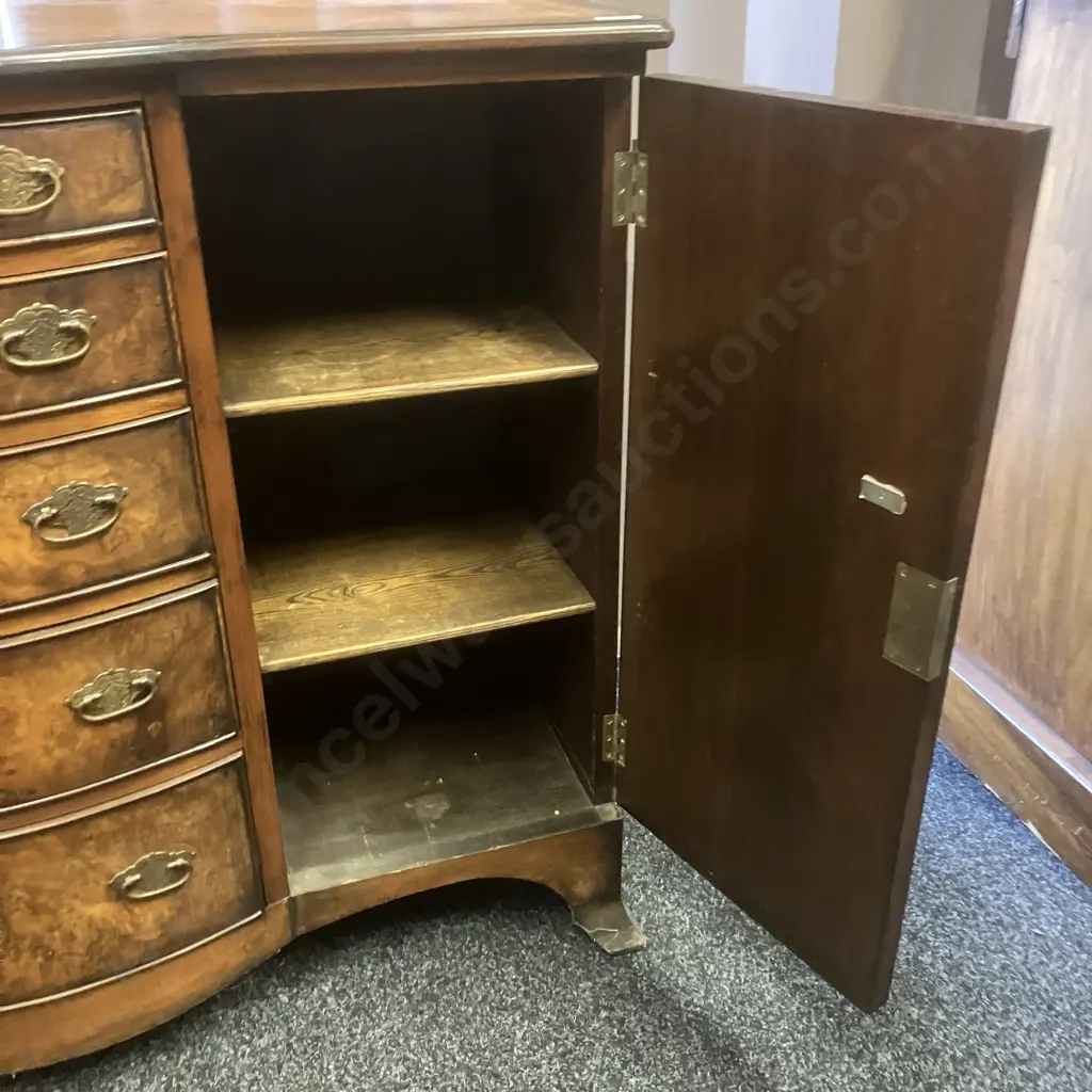 Antique Oak & Walnut Burr Bow Front Sideboard With Keys, 5 Drawers, 2 Doors. H85 W107 D41cm Image 1++