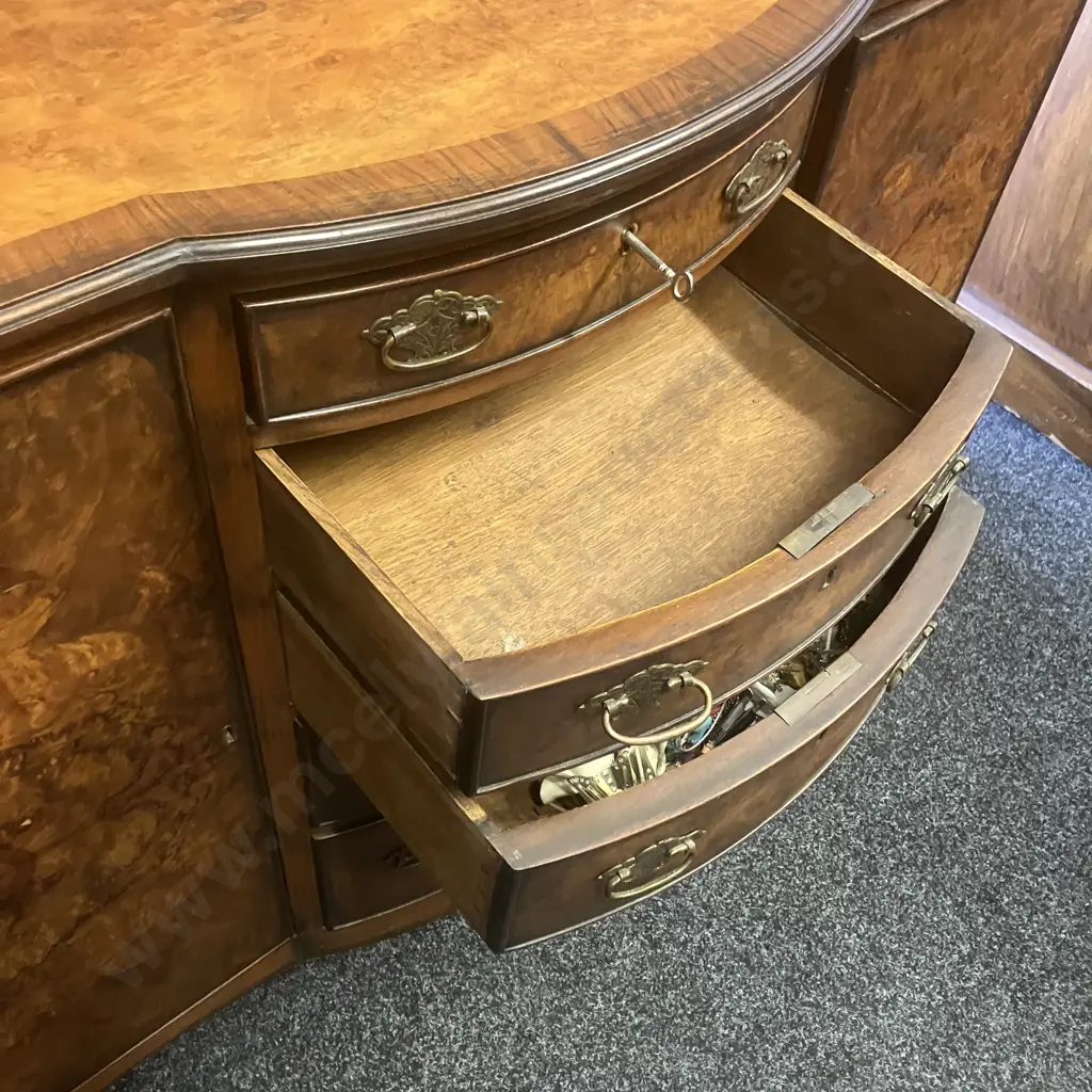 Antique Oak & Walnut Burr Bow Front Sideboard With Keys, 5 Drawers, 2 Doors. H85 W107 D41cm Image 1++