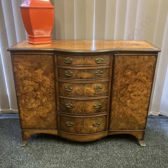 Antique Oak & Walnut Burr Bow Front Sideboard With Keys, 5 Drawers, 2 Doors. H85 W107 D41cm