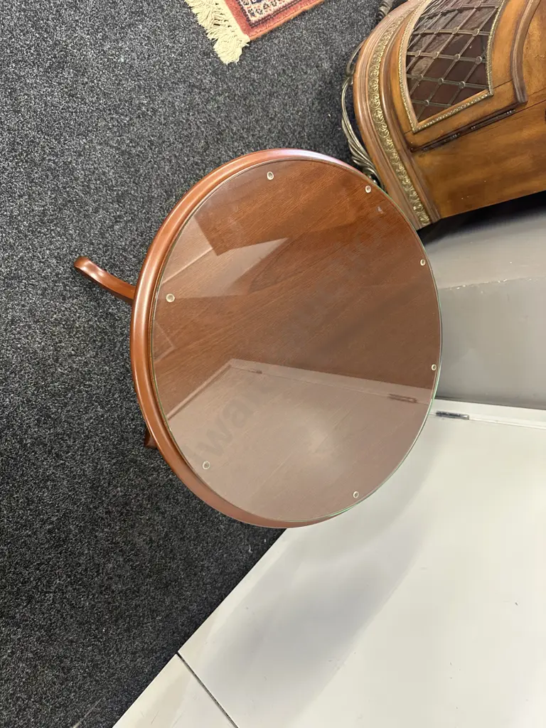 Round Mahogany Tri Legged Wine Table With Glass Top H55,Dia50cm. Image 1++
