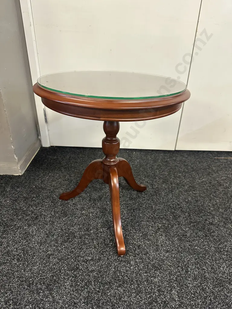 Round Mahogany Tri Legged Wine Table With Glass Top H55,Dia50cm. Image 1++