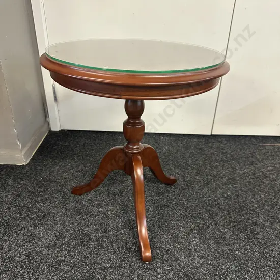 Round Mahogany Tri Legged Wine Table With Glass Top H55,Dia50cm.