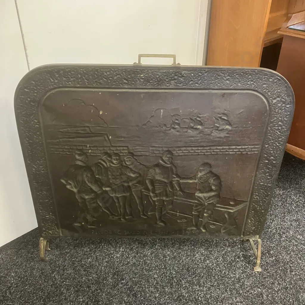 Vintage Brass Fire Screen Depicting Sir Francis Drake Playing Bowls On Plymouth Hoe. 72 x 77cm Image 1++