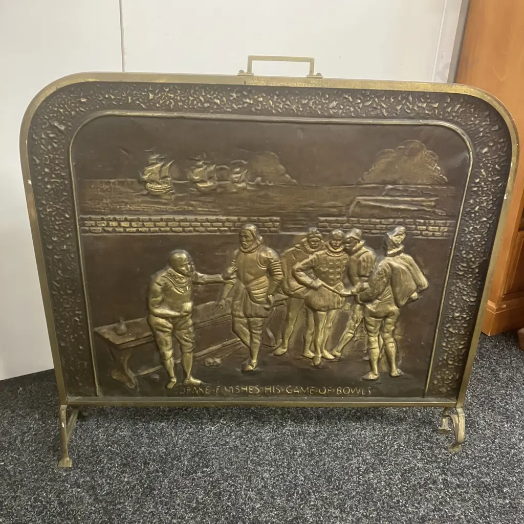Vintage Brass Fire Screen Depicting Sir Francis Drake Playing Bowls On Plymouth Hoe. 72 x 77cm Image 1++