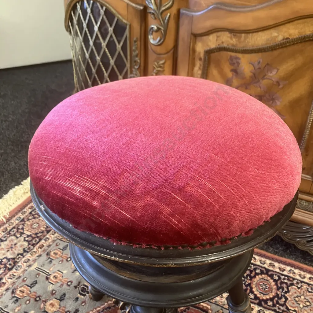 French Antique Napoleon III Piano Stool, Upholstered Cushioned Top, Screw Height Adjustable Image 1++