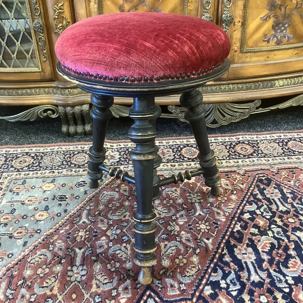 French Antique Napoleon III Piano Stool, Upholstered Cushioned Top, Screw Height Adjustable Image 1++