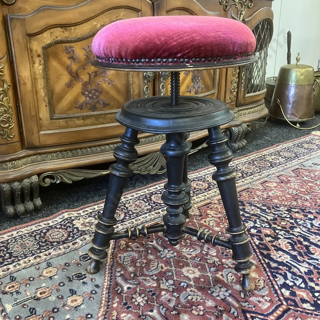 French Antique Napoleon III Piano Stool, Upholstered Cushioned Top, Screw Height Adjustable Image 1++