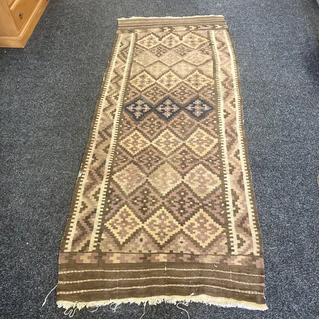 Vintage Persian Rug Runner. 237 x 91cm Pink, Blue, Brown Tones ( Damaged) Image 1++