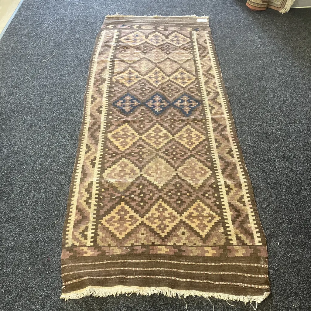 Vintage Persian Rug Runner. 237 x 91cm Pink, Blue, Brown Tones ( Damaged) Image 1++