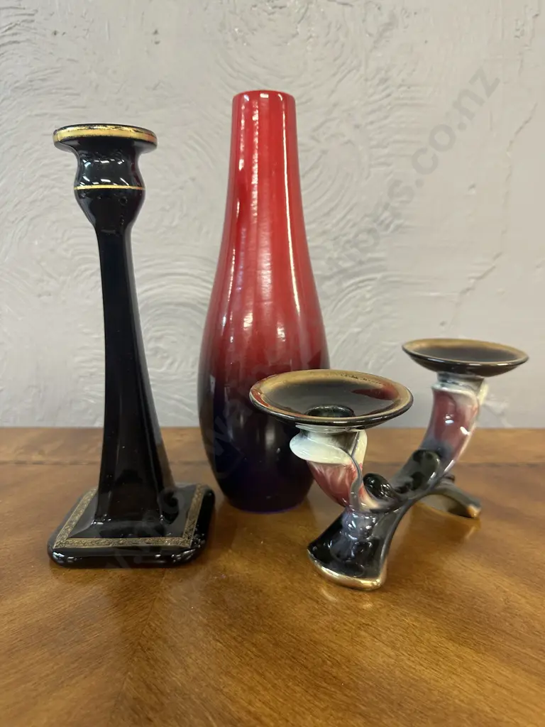 Red Scheurich Vase #554-28 & Candle Holders Black With Gilding  Image 1++
