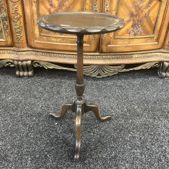 Mahogany Wine Table, With Round Top & Scalloped Edge, Pedestal To Three Legs. 52 x 30cm