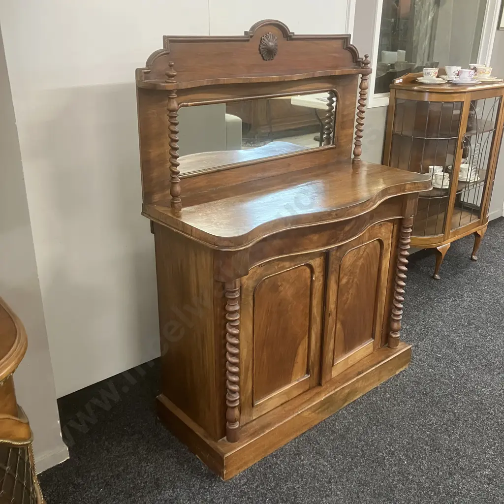 Victorian Mahogany Chiffonier Raised Shaped Mirror, Barley Twist Supports, Single Fitted Drawer, 2 Door. H143 W107 D45cm Image 1++