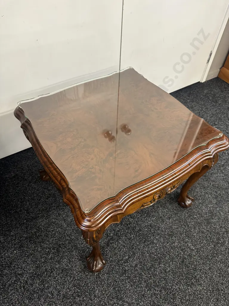 Ornate Walnut Square Side Table Scalloped Edged Claw Feet Glass Top H49,60x60cm. Image 1++
