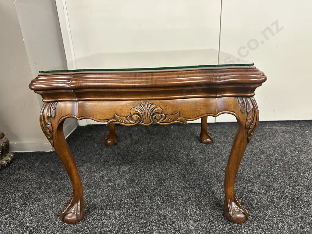 Ornate Walnut Square Side Table Scalloped Edged Claw Feet Glass Top H49,60x60cm. Image 1++