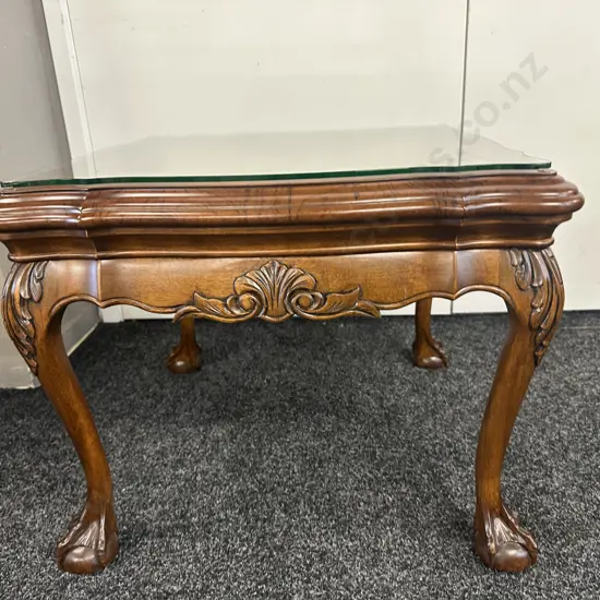Ornate Walnut Square Side Table Scalloped Edged Claw Feet Glass Top H49,60x60cm.