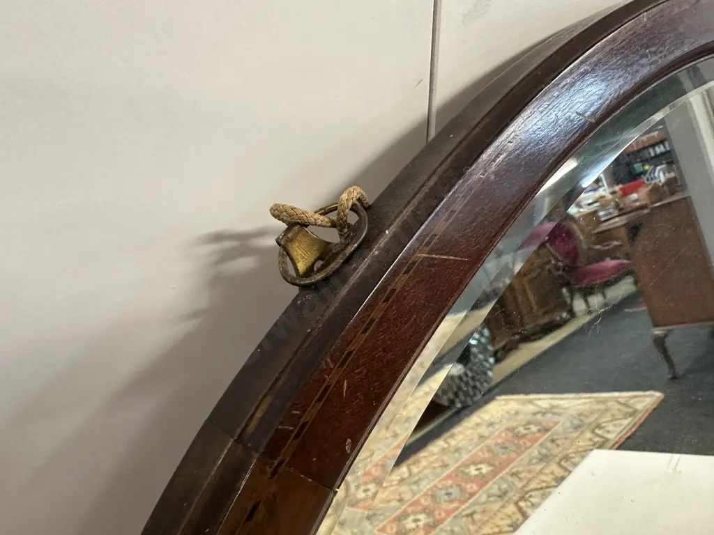 Antique Mahogany Oval Wooden Mirror Inlaid & Bevelled Edge Detail H60,W90cm. Image 1++