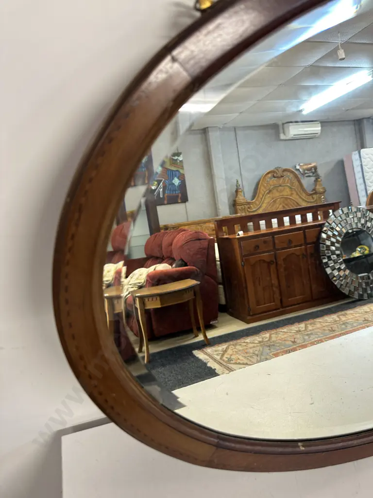 Antique Mahogany Oval Wooden Mirror Inlaid & Bevelled Edge Detail H60,W90cm. Image 1++
