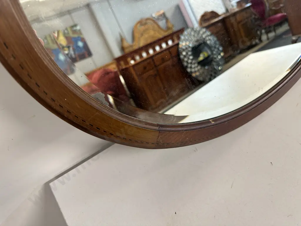 Antique Mahogany Oval Wooden Mirror Inlaid & Bevelled Edge Detail H60,W90cm. Image 1++