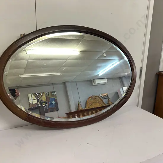 Antique Mahogany Oval Wooden Mirror Inlaid & Bevelled Edge Detail H60,W90cm.