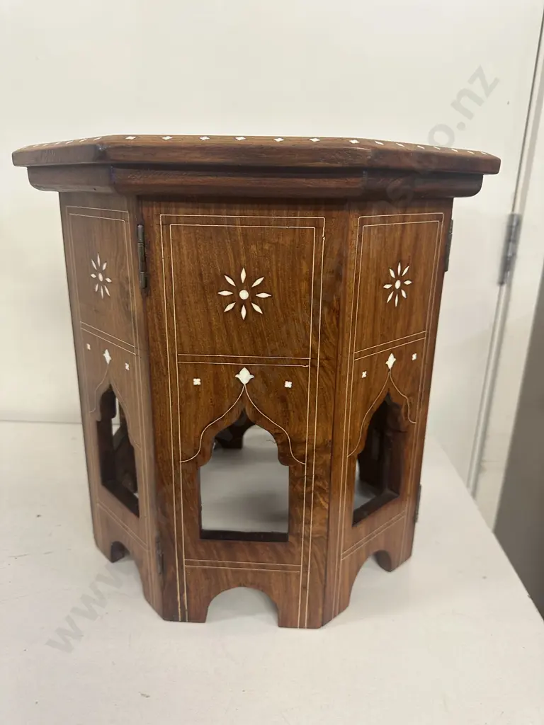Octagonal Wooden Foldable Table With White Inlay H35,38x38cm. Image 1++