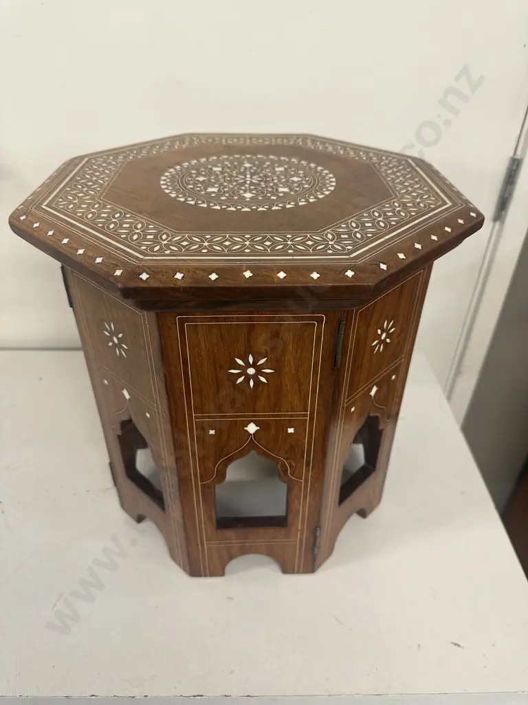 Octagonal Wooden Foldable Table With White Inlay H35,38x38cm. Image 1++