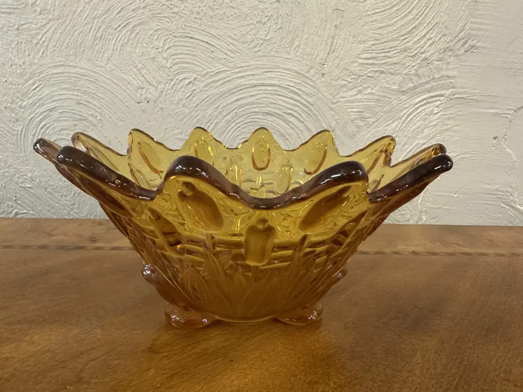 Art Deco Footed Amber Glass Bowl H11,Dia23cm. Image 1++