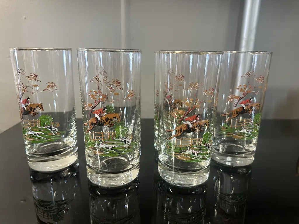 Set of 6 Vintage Hunting Themed High Ball Tumbler Glasses Image 1++