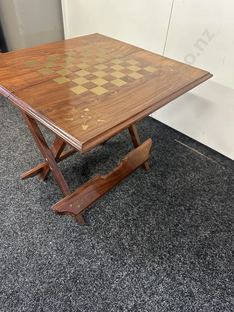 Square Mahogany Folding Games Table Brass Inlay  Image 1++