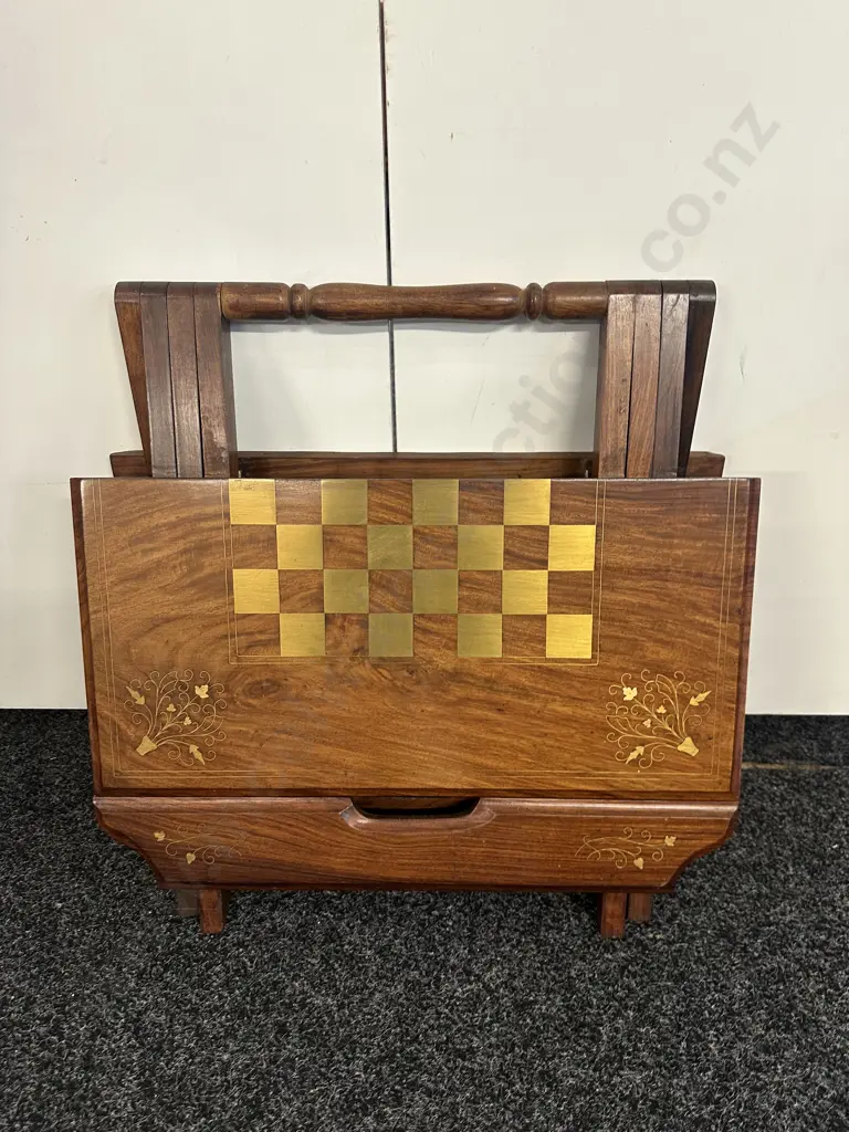 Square Mahogany Folding Games Table Brass Inlay  Image 1++