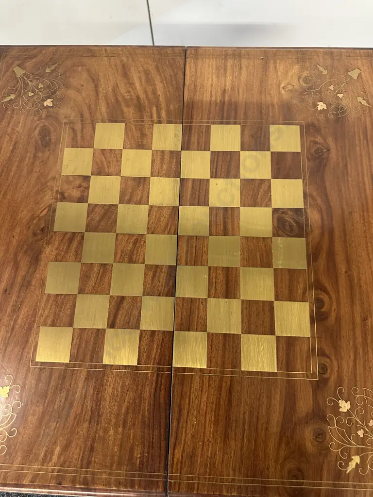 Square Mahogany Folding Games Table Brass Inlay  Image 1++