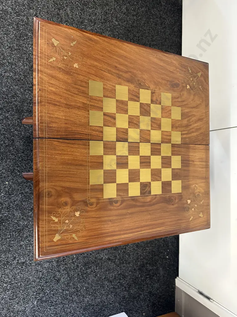 Square Mahogany Folding Games Table Brass Inlay  Image 1++