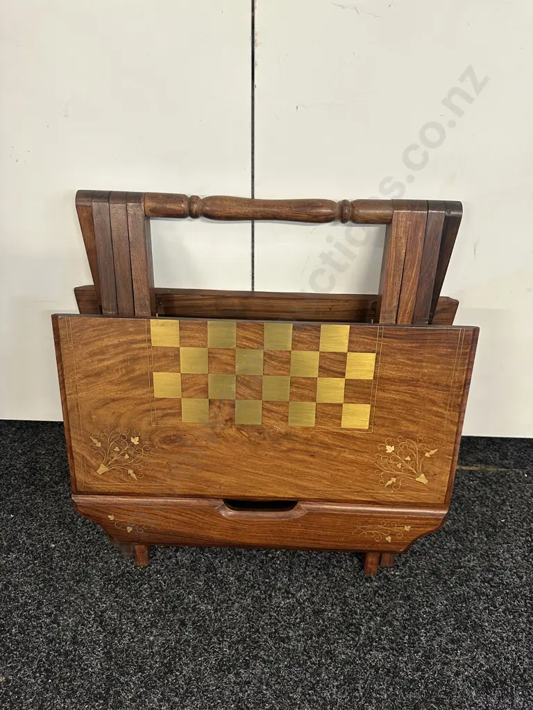 Square Mahogany Folding Games Table Brass Inlay  Image 1++
