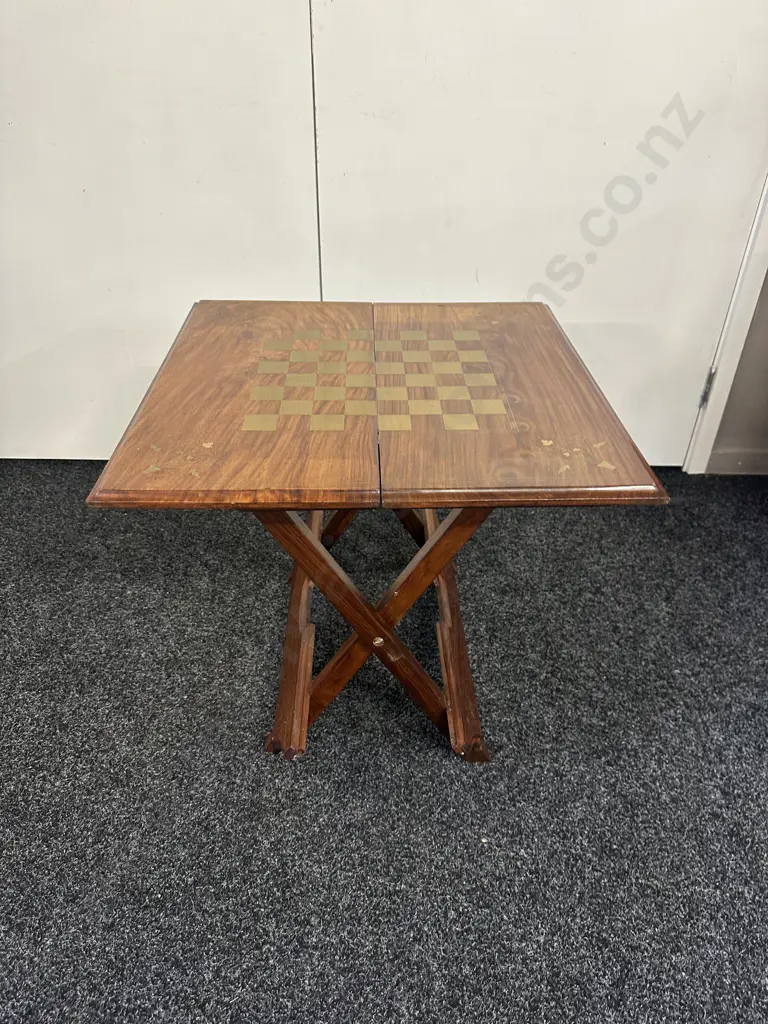 Square Mahogany Folding Games Table Brass Inlay  Image 1++