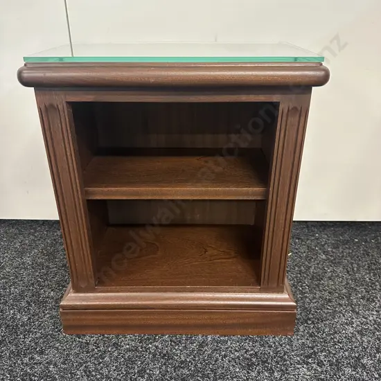 Small Mahogany Two Tier Shelf Unit With Glass Protector Top H47,W40,D23cm.