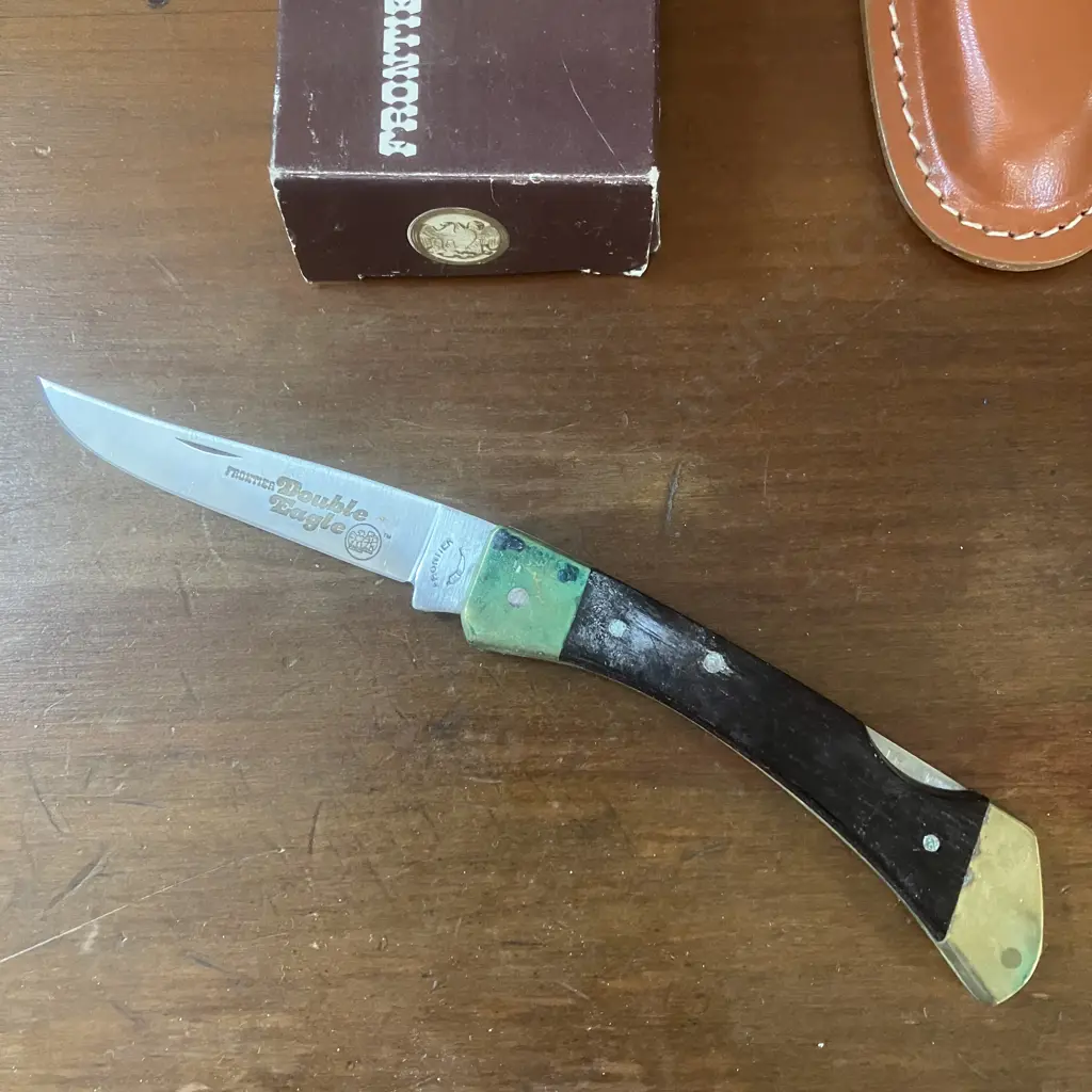 Vintage Imperial Frontier Double Eagle 4515-U Lock Blade Knife With Cowhide Snap-Flap Sheath - Original Box Image 1++