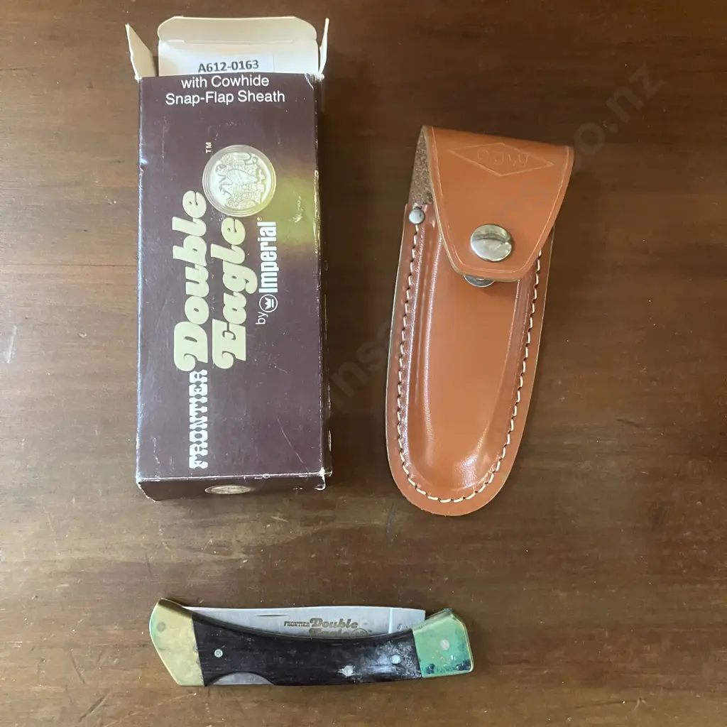 Vintage Imperial Frontier Double Eagle 4515-U Lock Blade Knife With Cowhide Snap-Flap Sheath - Original Box Image 1++